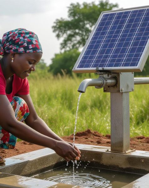image of a woman drawing clean water from a solar-powered borehole (WASH)