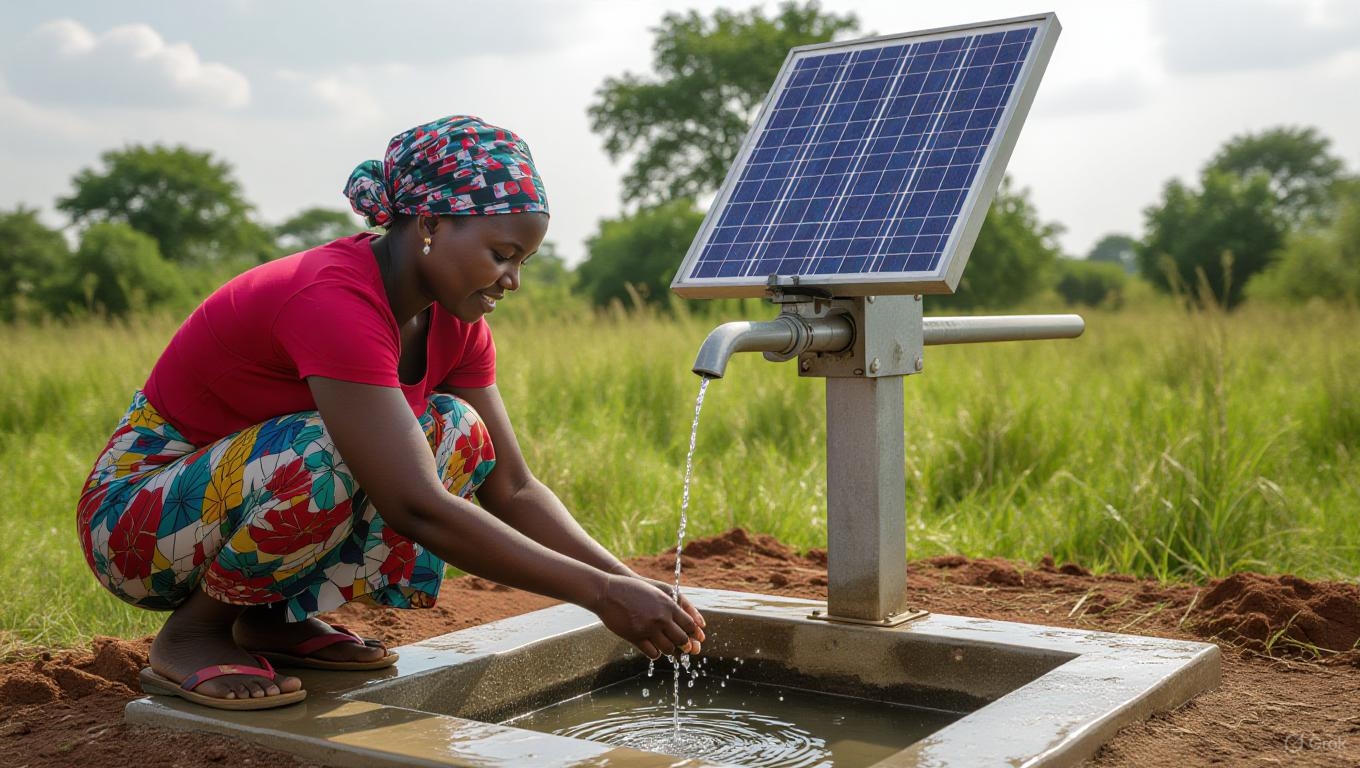image of a woman drawing clean water from a solar-powered borehole (WASH)